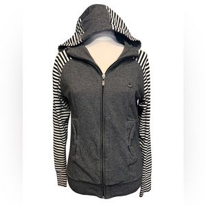 Adidas Hoodie Striped Black and Gray Zip Front Bow Pockets Lightweight